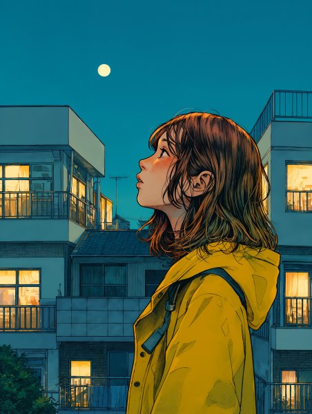 満月の夜に夜空を見上げながら歩く女性の横顔イラスト no.1