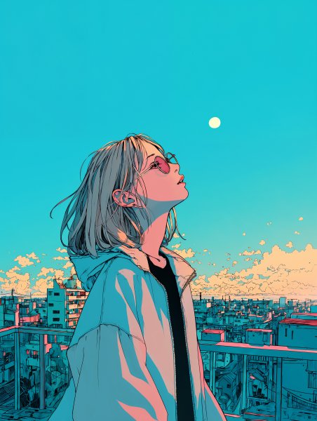 満月の夜に夜空を見上げながら歩く女性の横顔イラスト no.2