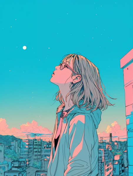 満月の夜に夜空を見上げながら歩く女性の横顔イラスト no.4
