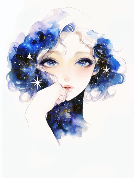 星空と宇宙をまとった女性の幻想的な水彩イラスト no.1