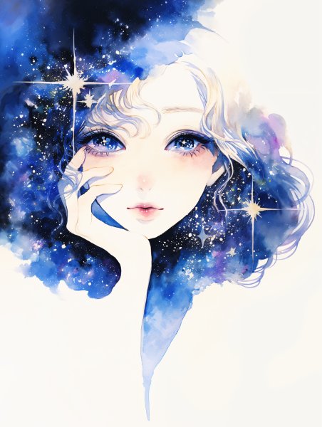 星空と宇宙をまとった女性の幻想的な水彩イラスト no.2