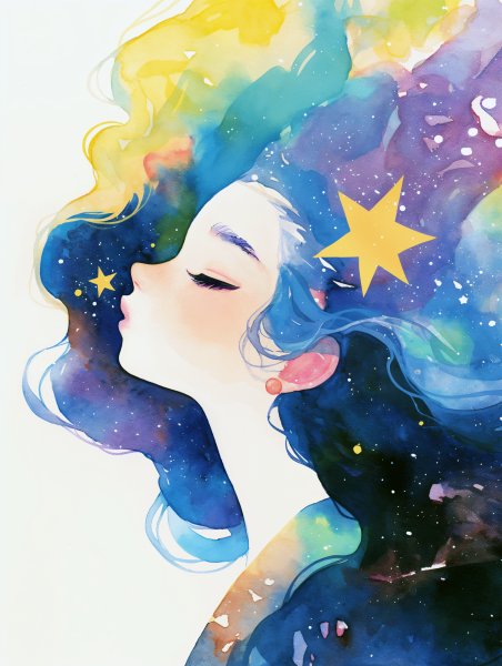 星空と宇宙をまとった女性の幻想的な水彩イラスト no.1