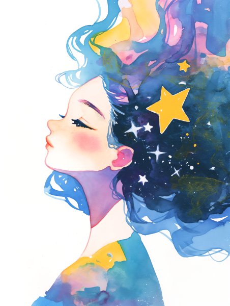 星空と宇宙をまとった女性の幻想的な水彩イラスト no.2