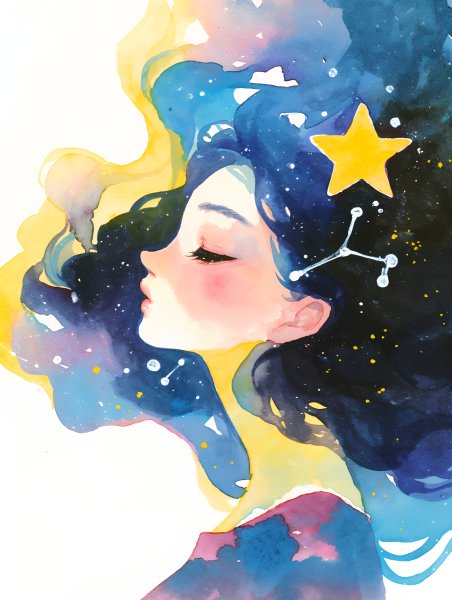 星空と宇宙をまとった女性の幻想的な水彩イラスト no.3