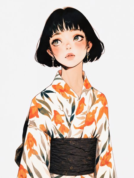浴衣を着た可愛い女の子のシンプルなモダン水彩イラスト no.1