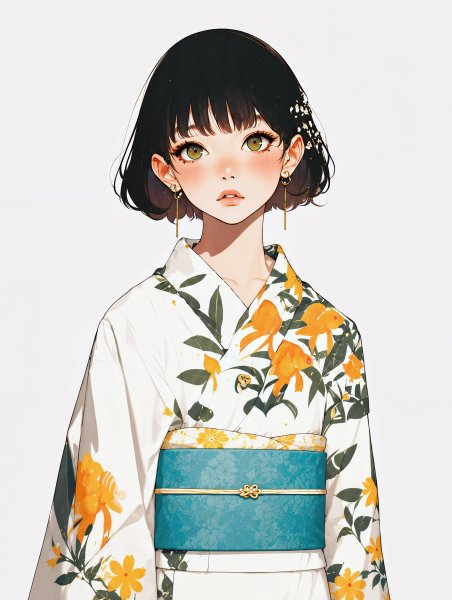 浴衣を着た可愛い女の子のシンプルなモダン水彩イラスト no.2