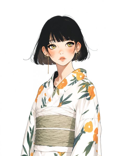 浴衣を着た可愛い女の子のシンプルなモダン水彩イラスト no.4