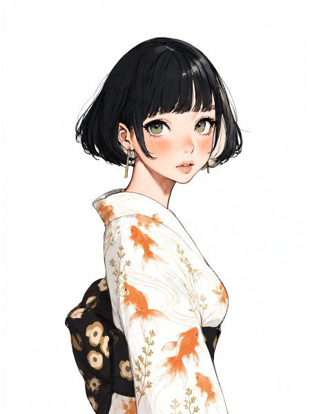 浴衣を着た可愛い女の子のシンプルなモダン水彩イラスト no.5