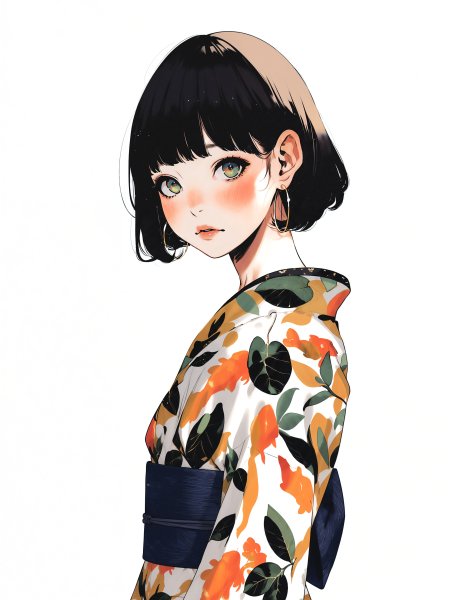 浴衣を着た可愛い女の子のシンプルなモダン水彩イラスト no.6