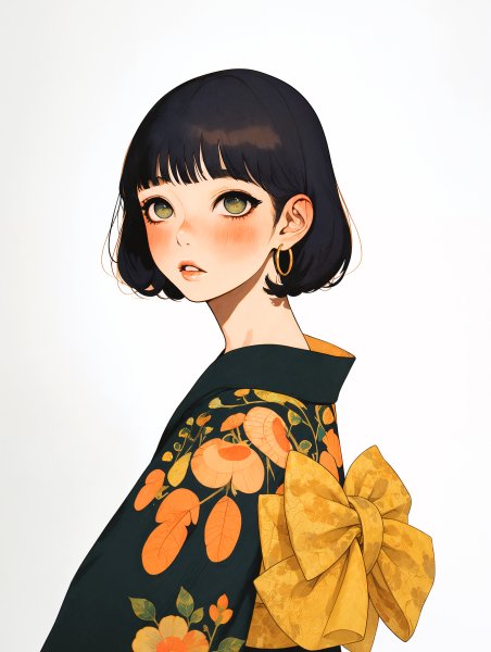 浴衣を着た可愛い女の子のシンプルなモダン水彩イラスト no.7
