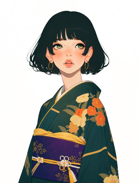 浴衣を着た可愛い女の子のシンプルなモダン水彩イラスト no.8