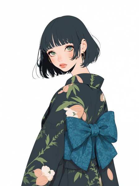 浴衣を着た可愛い女の子のシンプルなモダン水彩イラスト no.9