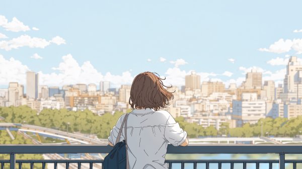 橋の上から街を眺める女の子の後ろ姿 no.1