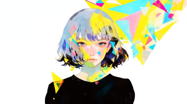 カラフルな模様に包まれた若い女性のアートポートレートイラスト no.1