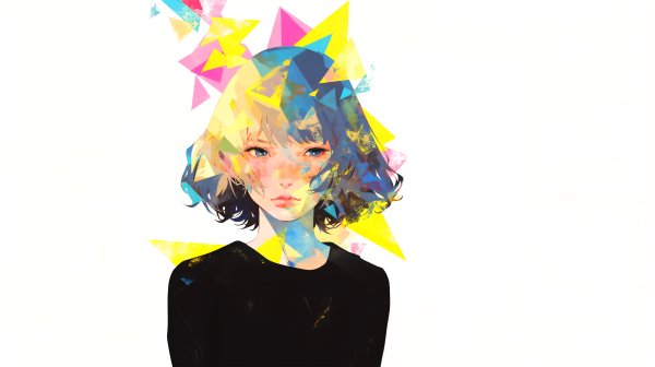 カラフルな模様に包まれた若い女性のアートポートレートイラスト no.2