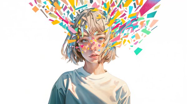 カラフルな模様に包まれた若い女性のアートポートレートイラスト no.3