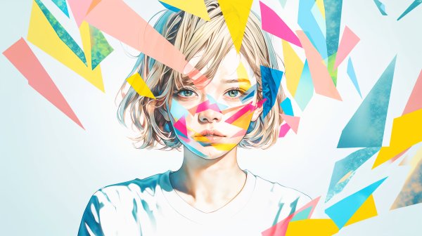 カラフルな模様に包まれた若い女性のアートポートレートイラスト no.4