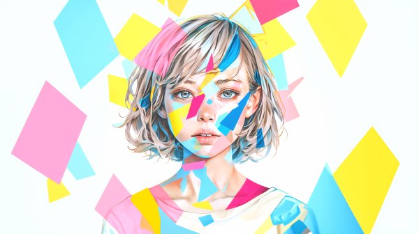 カラフルな模様に包まれた若い女性のアートポートレートイラスト no.5