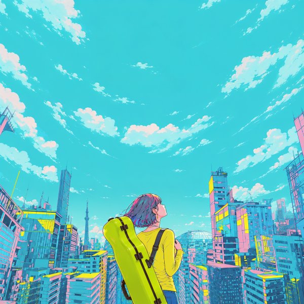 都会の空を見上げる若い女性の後ろ姿 no.1
