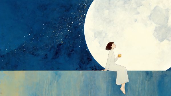 大きな満月とお酒を持ち夜空を見上げる女性の水彩イラスト no.2