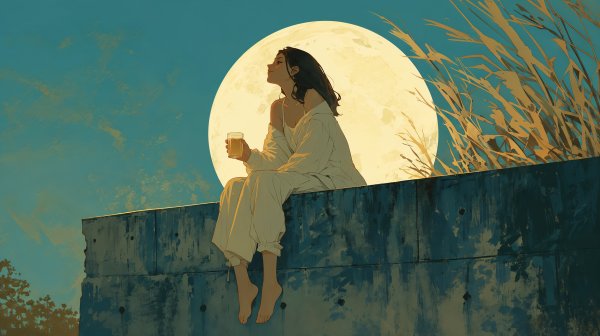 秋の満月と晩酌をする女性の水彩イラスト no.1