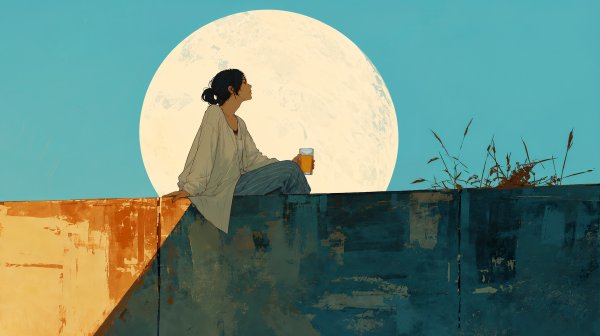 秋の満月と晩酌をする女性の水彩イラスト no.2