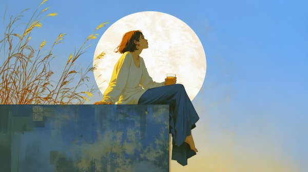 秋の満月と晩酌をする女性の水彩イラスト no.3