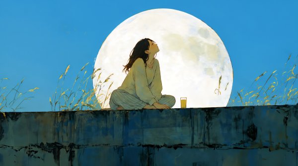 秋の満月と晩酌をする女性の水彩イラスト no.4