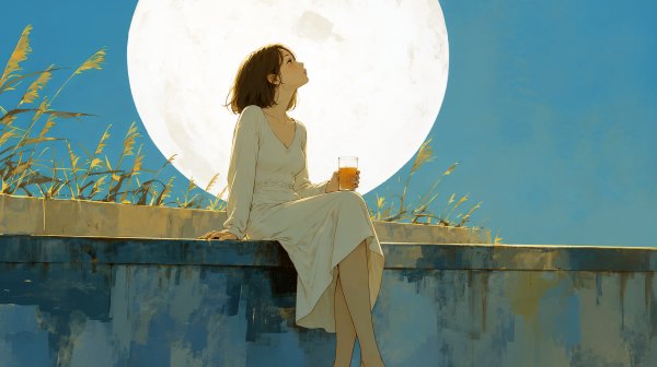 秋の満月と晩酌をする女性の水彩イラスト no.5