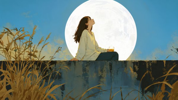 秋の満月と晩酌をする女性の水彩イラスト no.6
