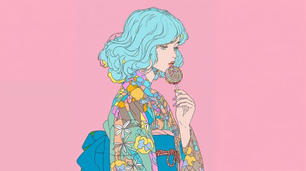大きなキャンディを持つカラフルな女の子イラスト no.2