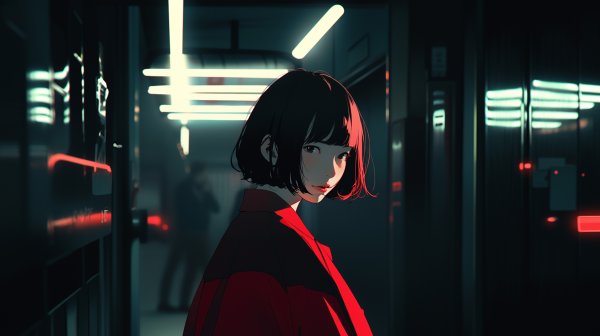 夜の街で振り返るクールで可愛い女の子ポートレートイラスト no.1