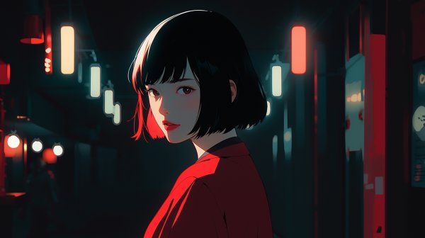 夜の街で振り返るクールで可愛い女の子ポートレートイラスト no.3