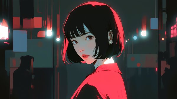 夜の街で振り返るクールで可愛い女の子ポートレートイラスト no.4