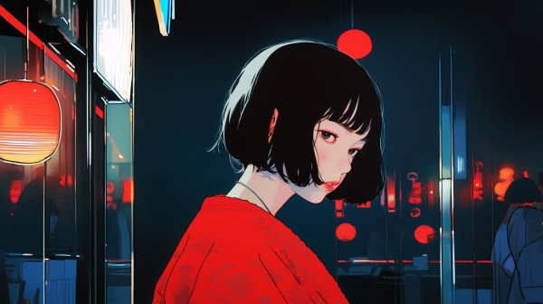 夜の街で振り返るクールで可愛い女の子ポートレートイラスト no.5