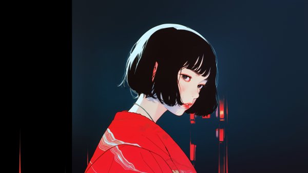 夜の街で振り返るクールで可愛い女の子ポートレートイラスト no.6