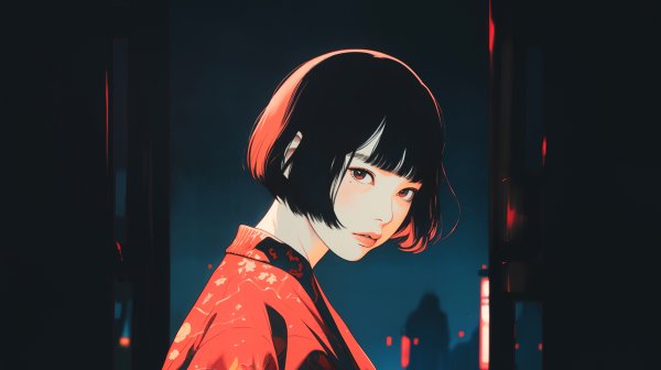 夜の街で振り返るクールで可愛い女の子ポートレートイラスト no.7