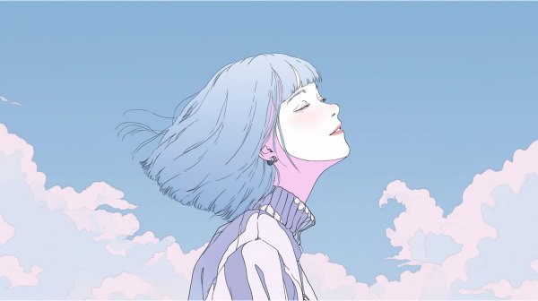 広い空と気持ち良さそうに風を浴びる女性のイラスト no.1