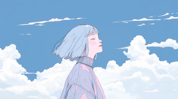 広い空と気持ち良さそうに風を浴びる女性のイラスト no.2