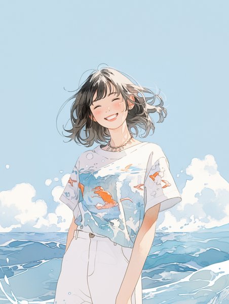 海辺に立つ笑顔の女の子イラスト no.1