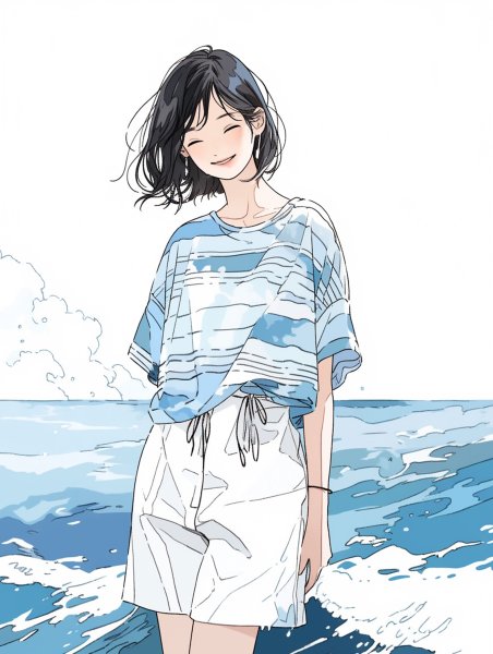 海辺に立つ笑顔の女の子イラスト no.2