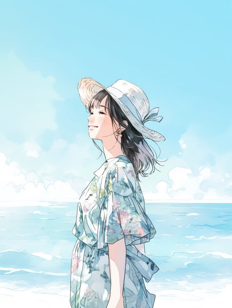 海辺に立つ笑顔の女の子イラスト no.3