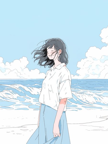 海辺に立つ笑顔の女の子イラスト no.4