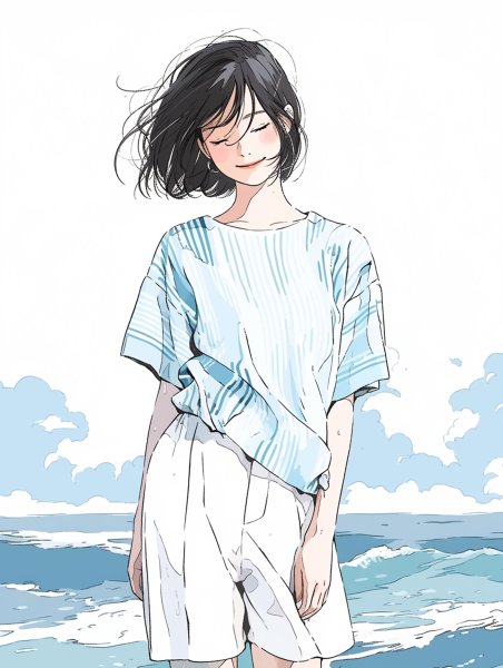 海辺に立つ笑顔の女の子イラスト no.5