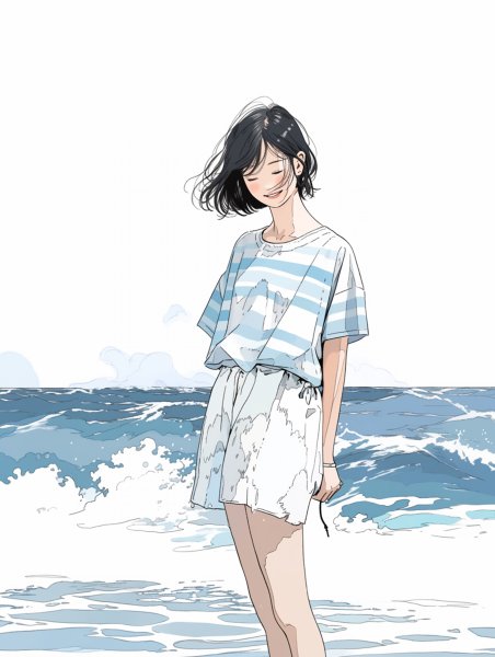 海辺に立つ笑顔の女の子イラスト no.6