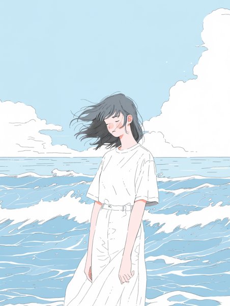 海辺に立つ笑顔の女の子イラスト no.7