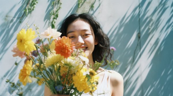 嬉しそうに花束を持つ女性のポートレート写真風 no.1