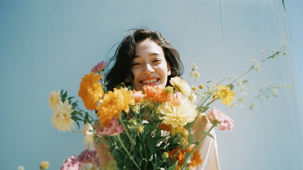 嬉しそうに花束を持つ女性のポートレート写真風 no.3