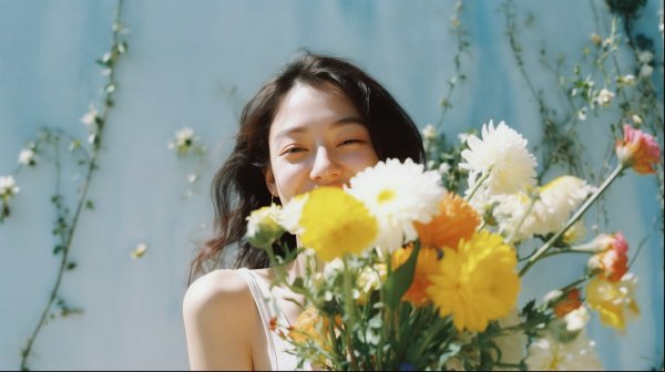 嬉しそうに花束を持つ女性のポートレート写真風 no.5
