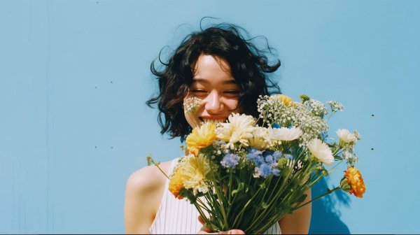 嬉しそうに花束を持つ女性のポートレート写真風 no.6